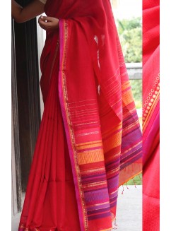 Red, Handwoven Organic Cotton, Textured Weave , Jacquard, Work Wear Saree 